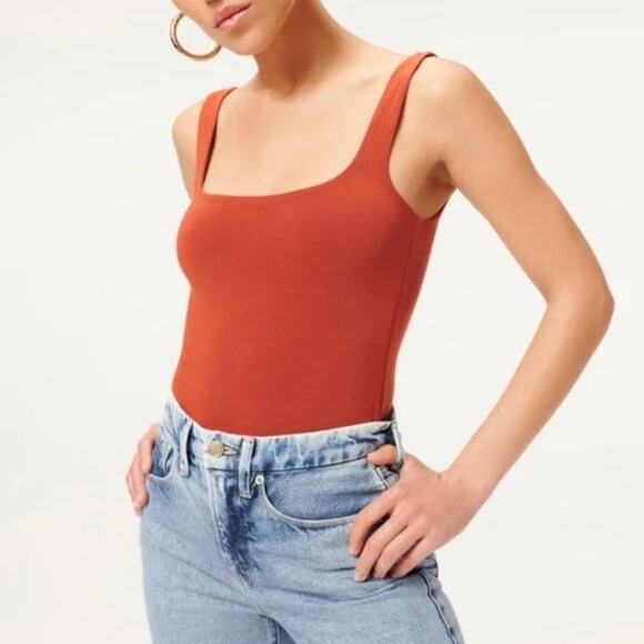 Good American Modern Rust Orange Square Neck Bodysuit Thong Tank Minimalist - Picture 2 of 8
